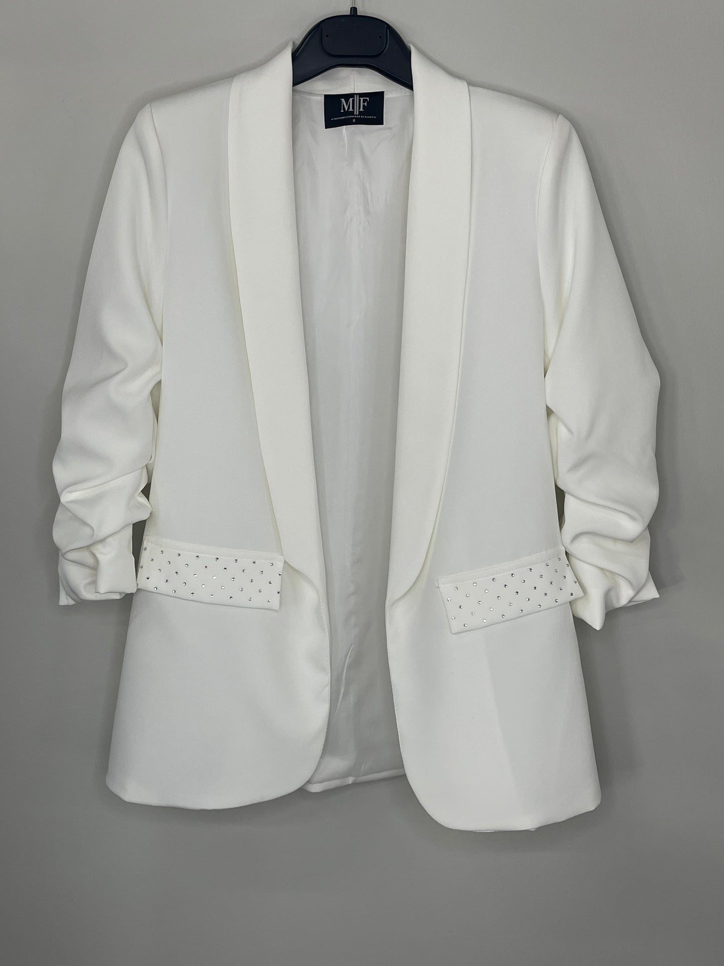 Blazer, Ruched White, Silver Queen Bee