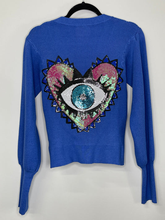 Sweater, Cardigan Puff Blue, Sequin Pink/Blue Heart Eye