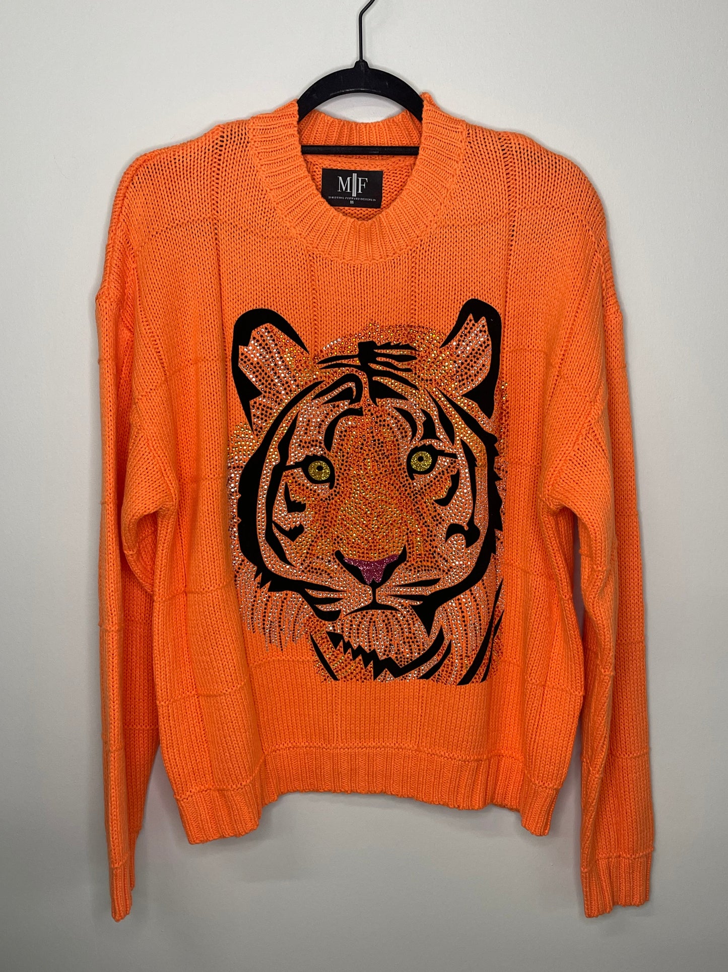 Sweater, Orange Diamond Stitch, Tiger Face