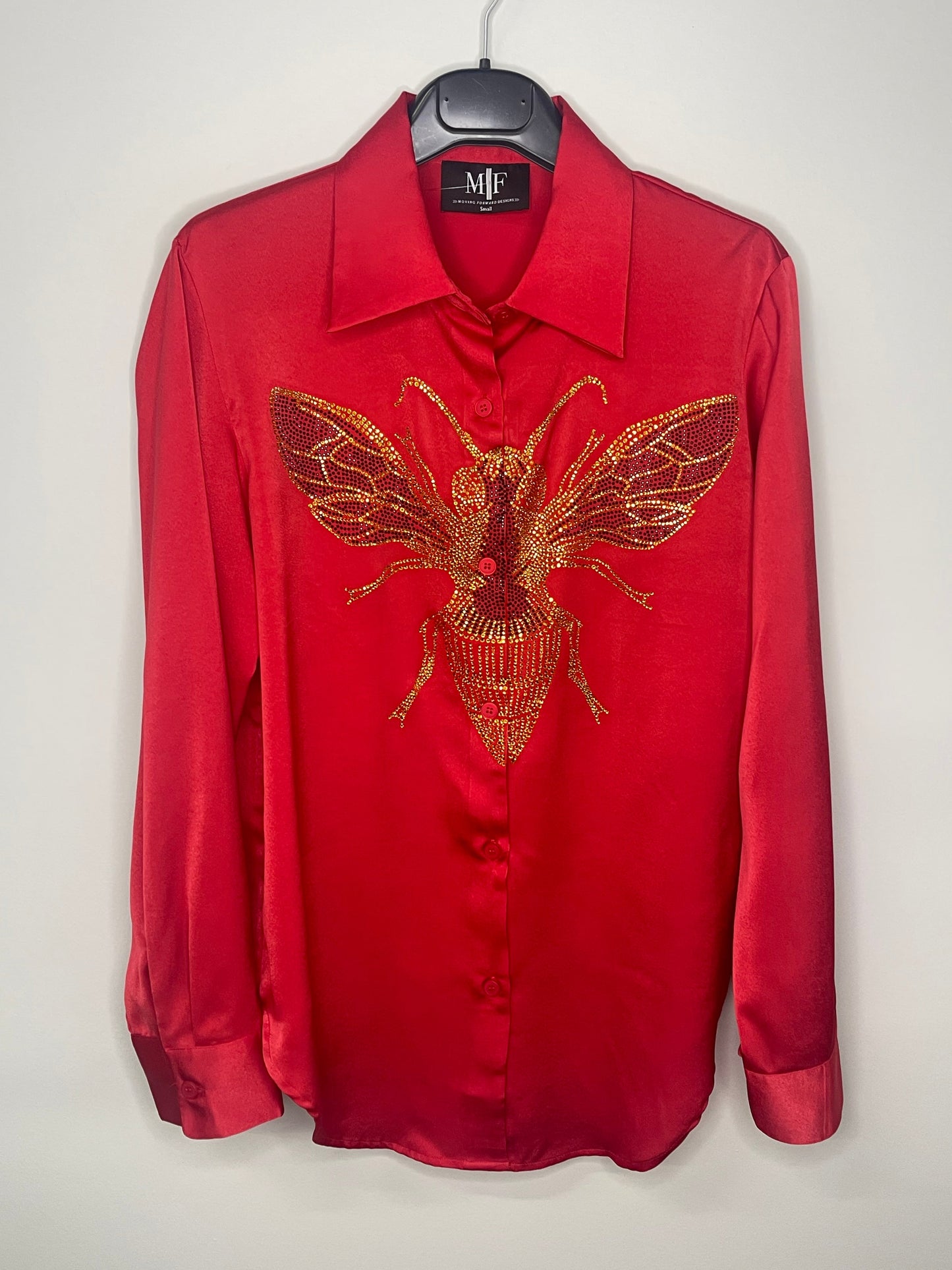 Shirt, Silky Red, Gold Queen Bee on front