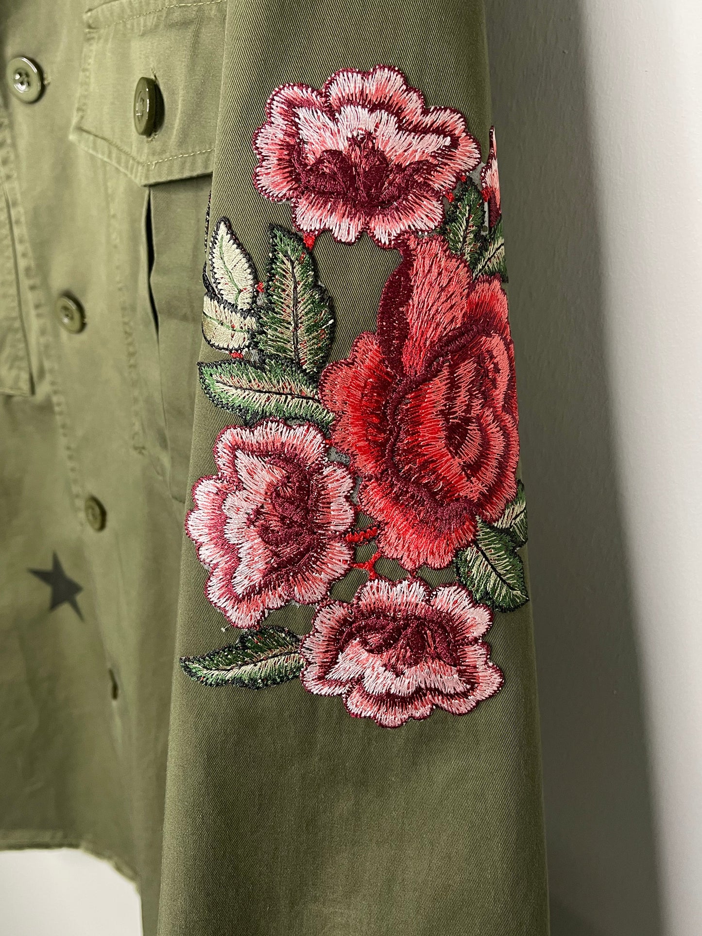 Shacket, Army Green, Pink Flowers