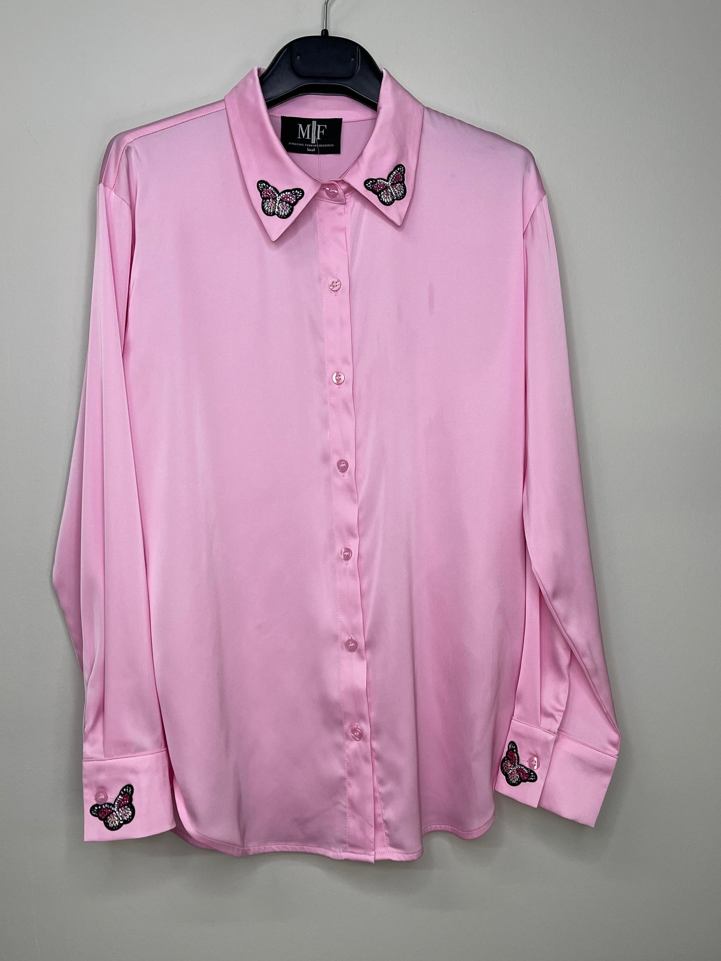 Shirt, Silky Light Pink, Sparkle Butterflies Collar/Cuffs