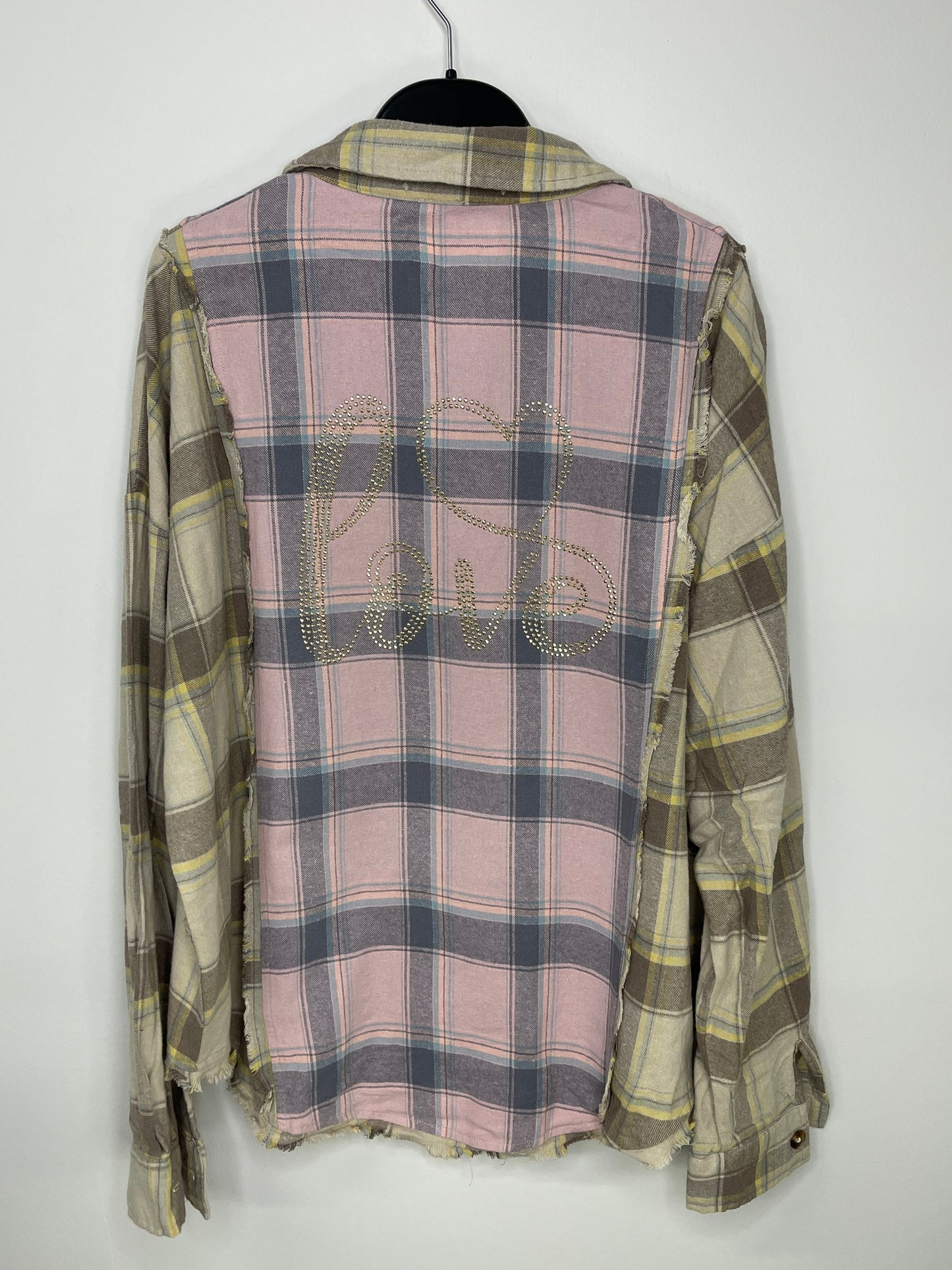 Shirt, Flannel Pink Plaid, Gold Crystal Love