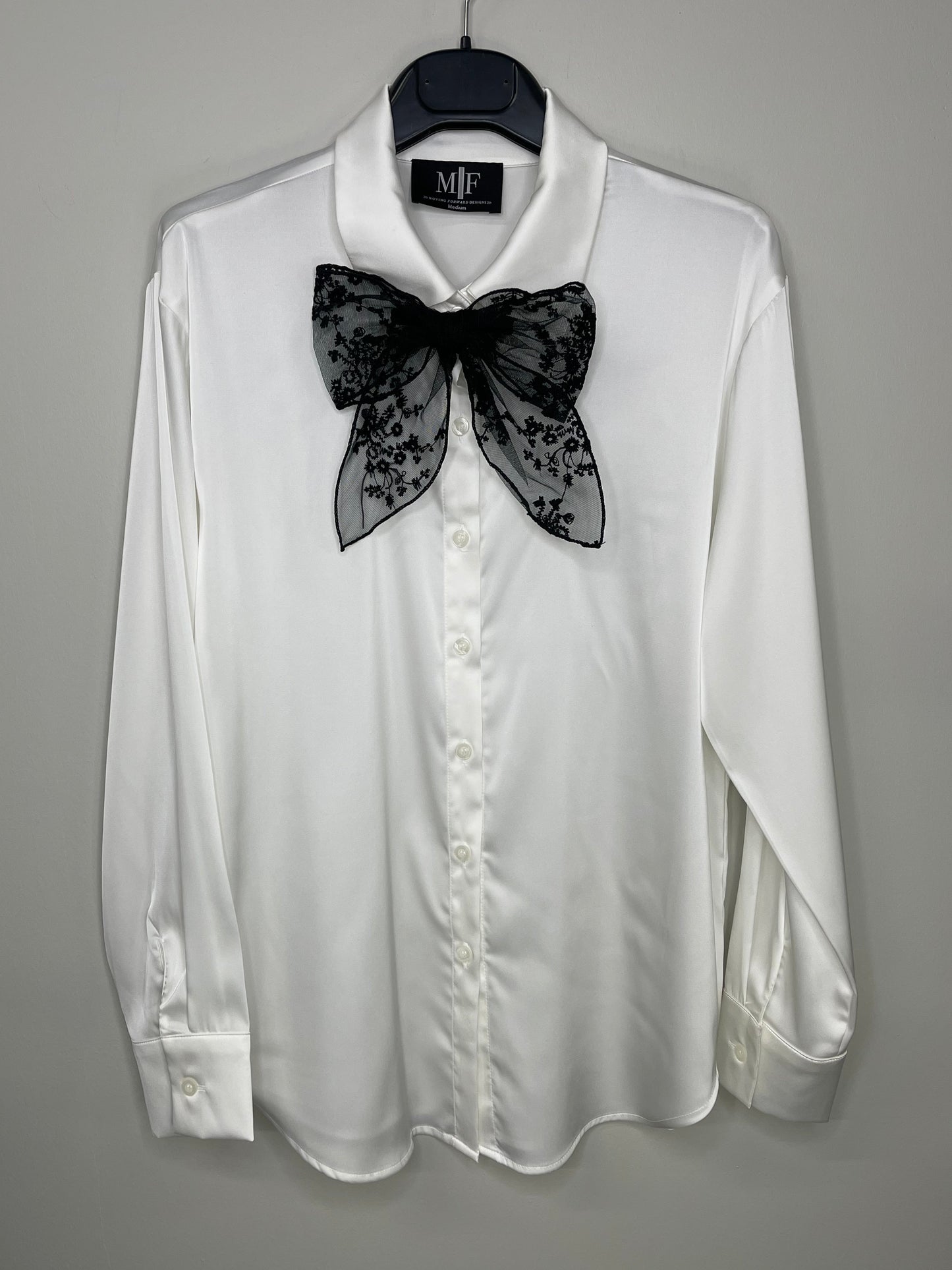 Shirt, Silky Ivory, Black Lace Bow