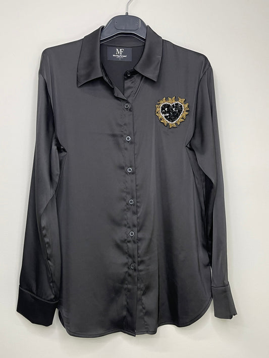 Shirt, Silky Black, Beaded Heart