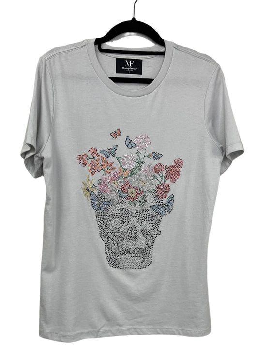 T-Shirt, Short Sleeve Light Gray, Skull Flowers