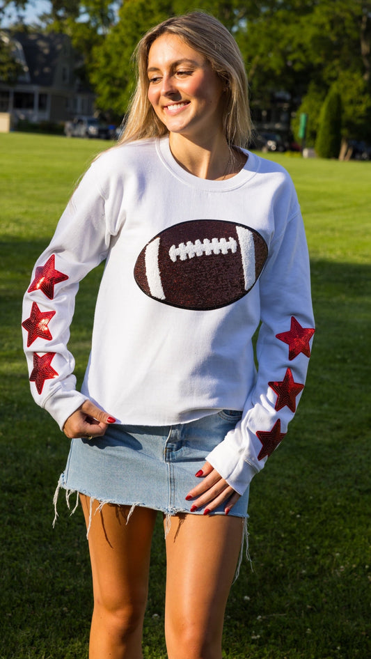 Game Day Sweatshirt, Crewneck White, Sequin Football & Red Stars