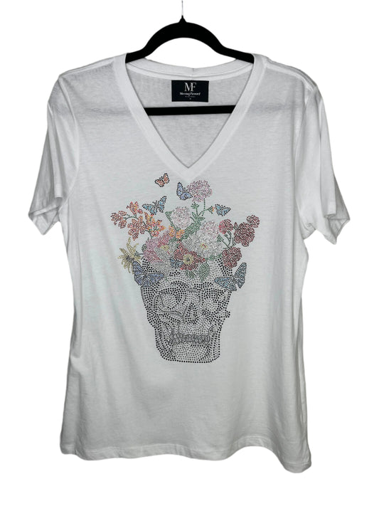 T-Shirt, Short Sleeve V-Neck White, Skull Flowers