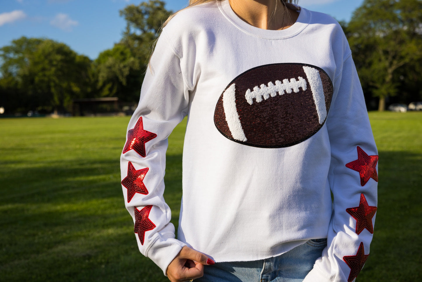 Game Day Sweatshirt, Crewneck White, Sequin Football & Red Stars