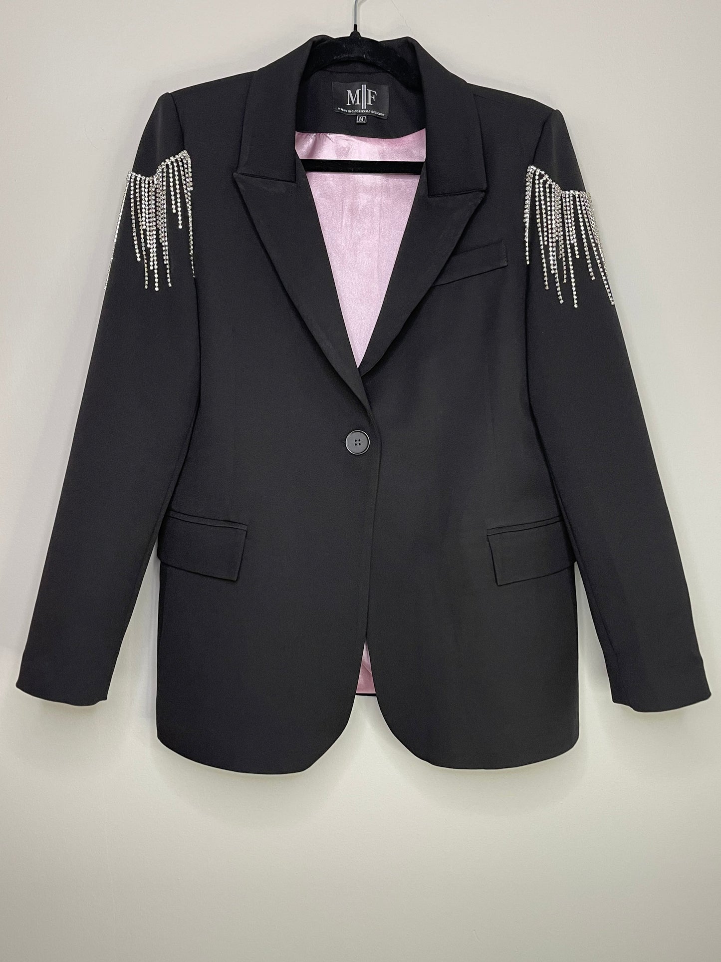 Blazer, Black w/ Pink Lining, Shoulder Fringe