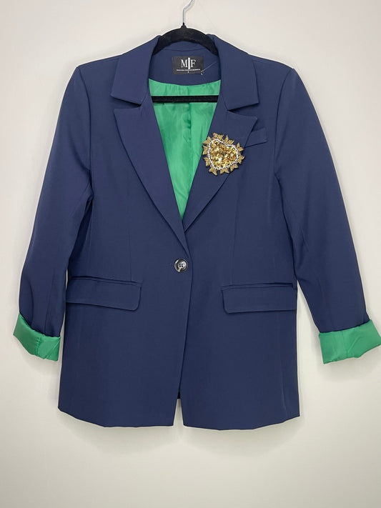 Blazer, Navy w/ Green Lining, Gold Heart Brooch