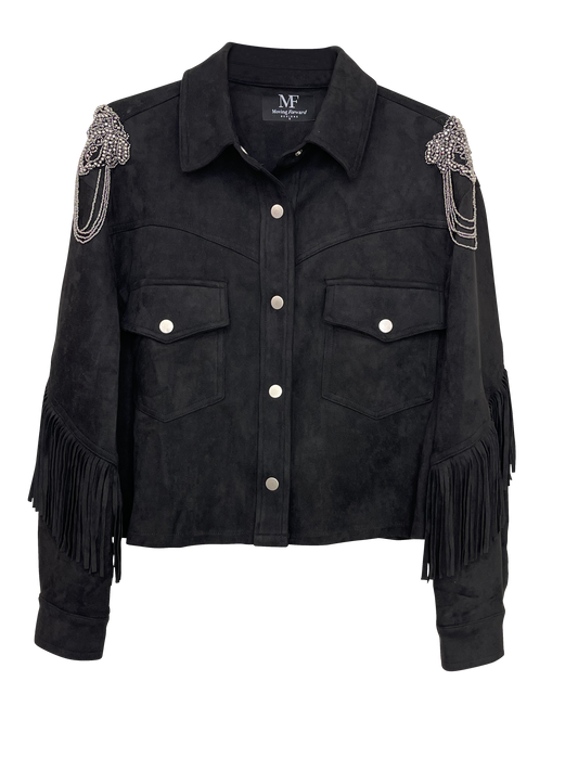 Jacket, Suede Fringe Black, Shoulder Medallions