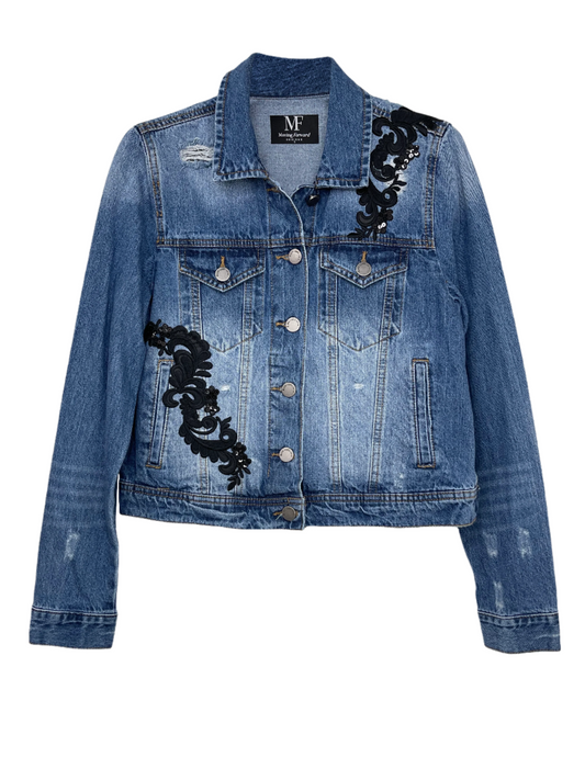 Jacket, Blue Denim, Black Floral Design