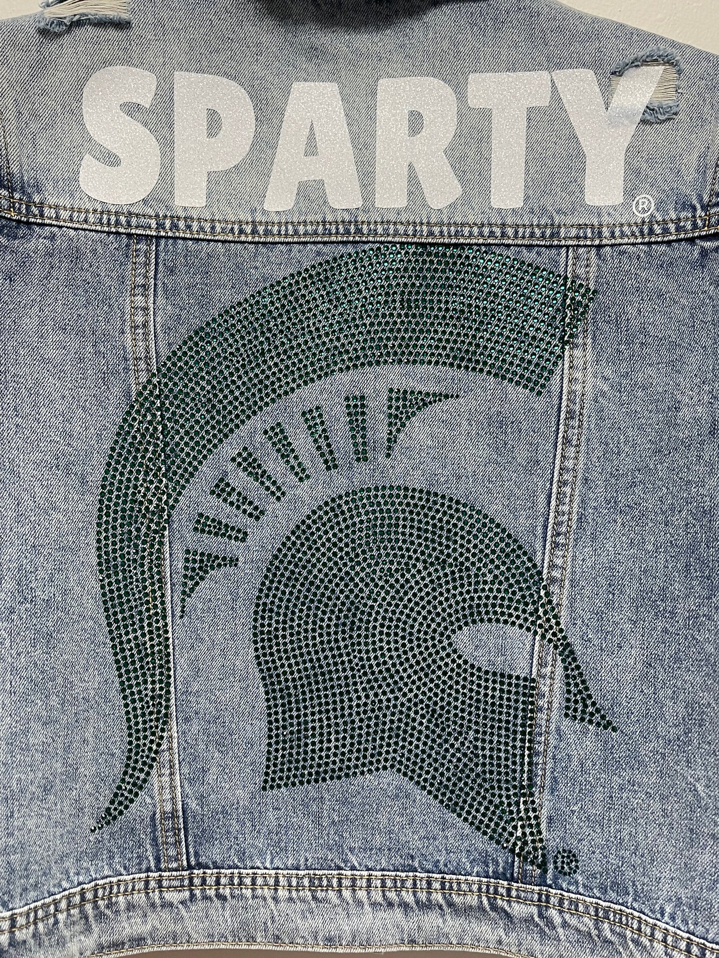 Game Day Jacket, Blue Denim, Michigan State Sparty Spartan Helmet