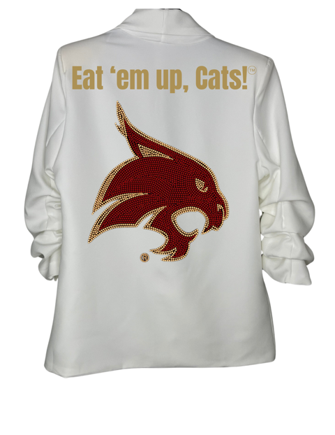 Licensed Game Day Blazer, Ruched White, Texas State Bobcat Eat Em Up Cats