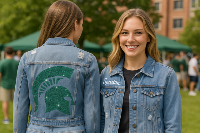 Michigan State Spartan Helmet w/ Script Blue Denim Jacket