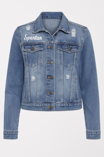 Michigan State Spartan Helmet w/ Script Blue Denim Jacket