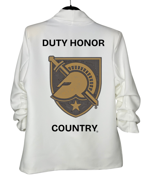 Licensed Game Day Blazer, White Ruched, Army West Point Duty Honor Country Athena Shield