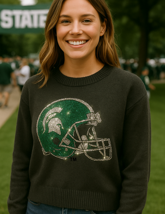 Michigan State Helmet Black Crewneck Sweater