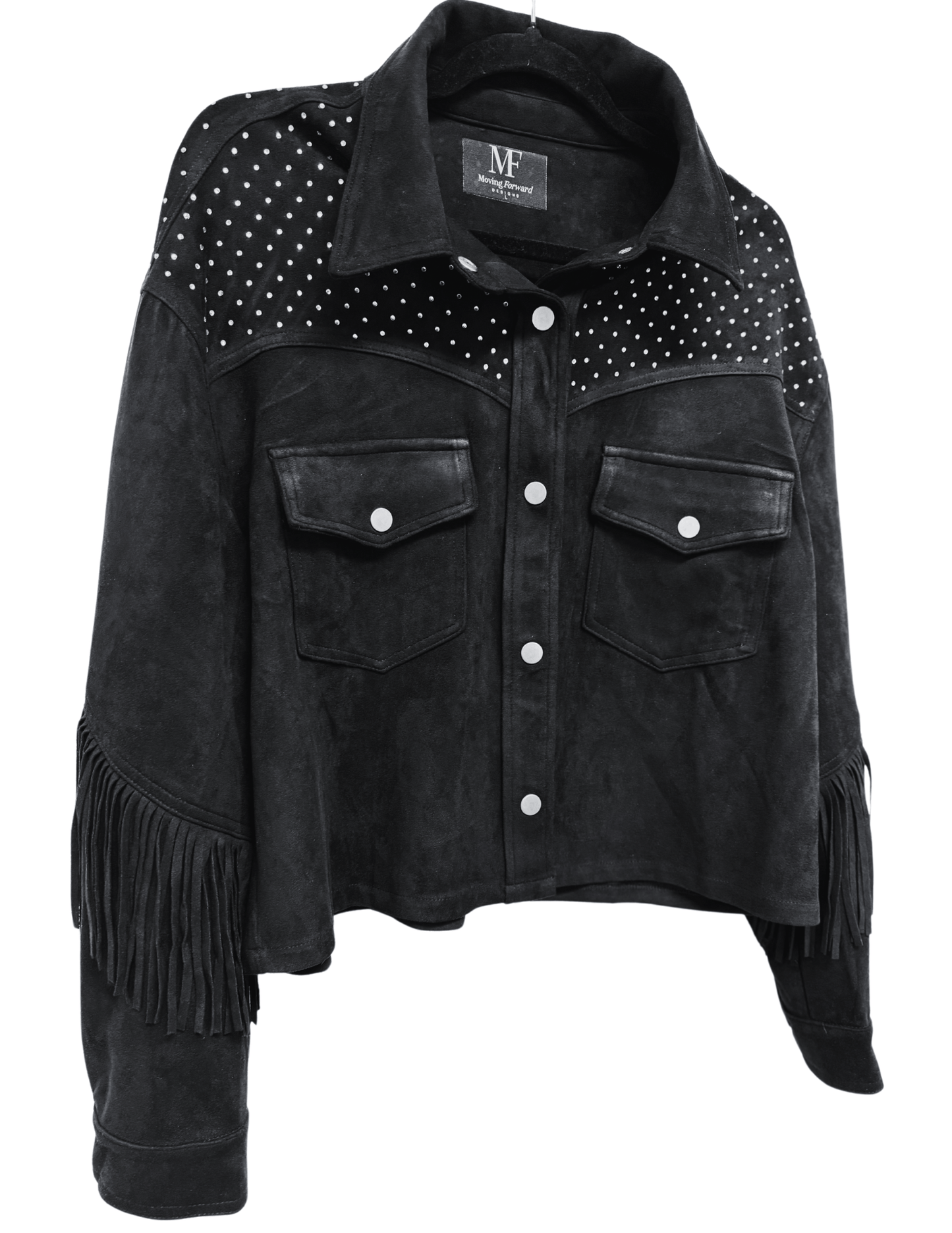 Jacket, Suede Fringe Black, Crystal Waterfall