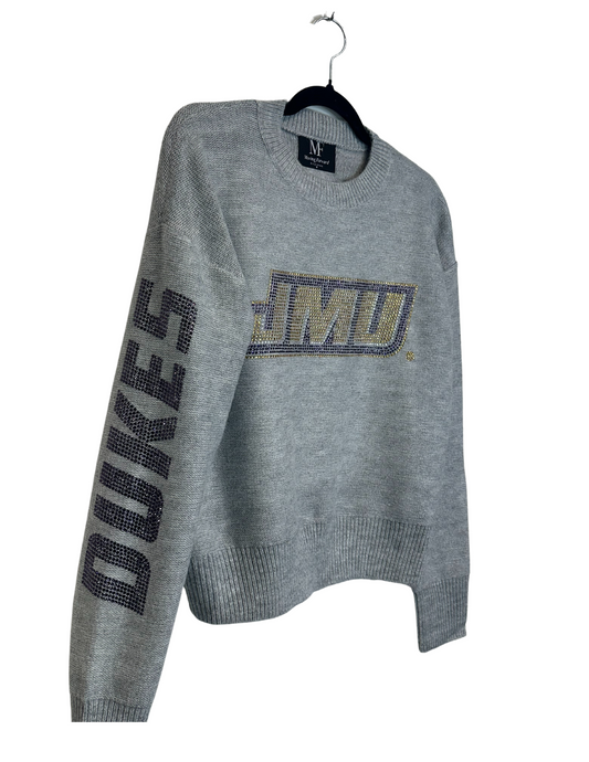 Licensed Game Day Sweater, Crewneck Gray, Crystal JMU and Dukes