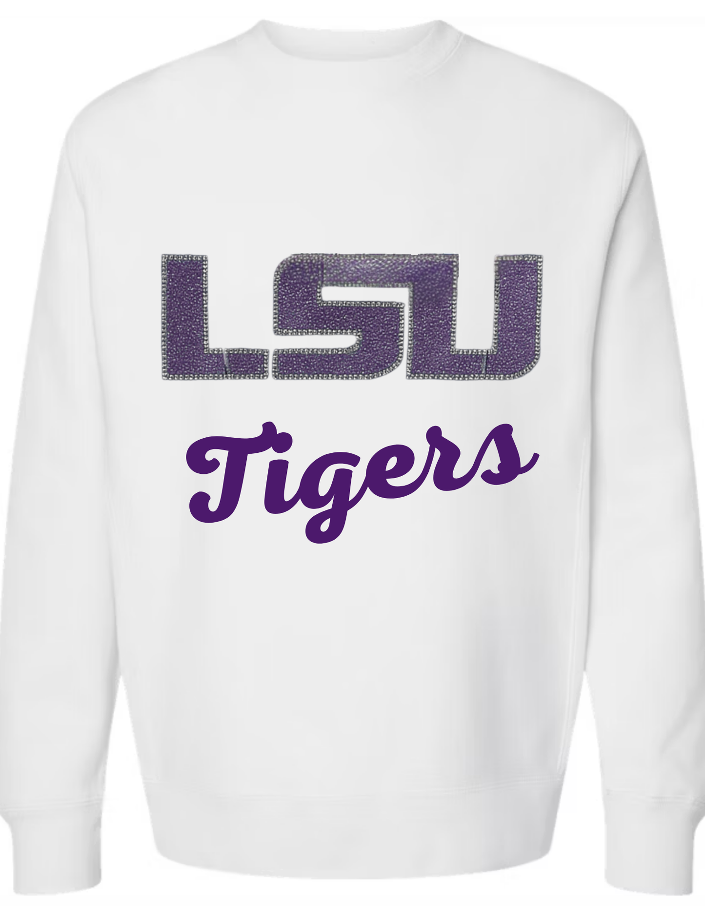 White sweatshirt with LSU Tigers logo on a white background