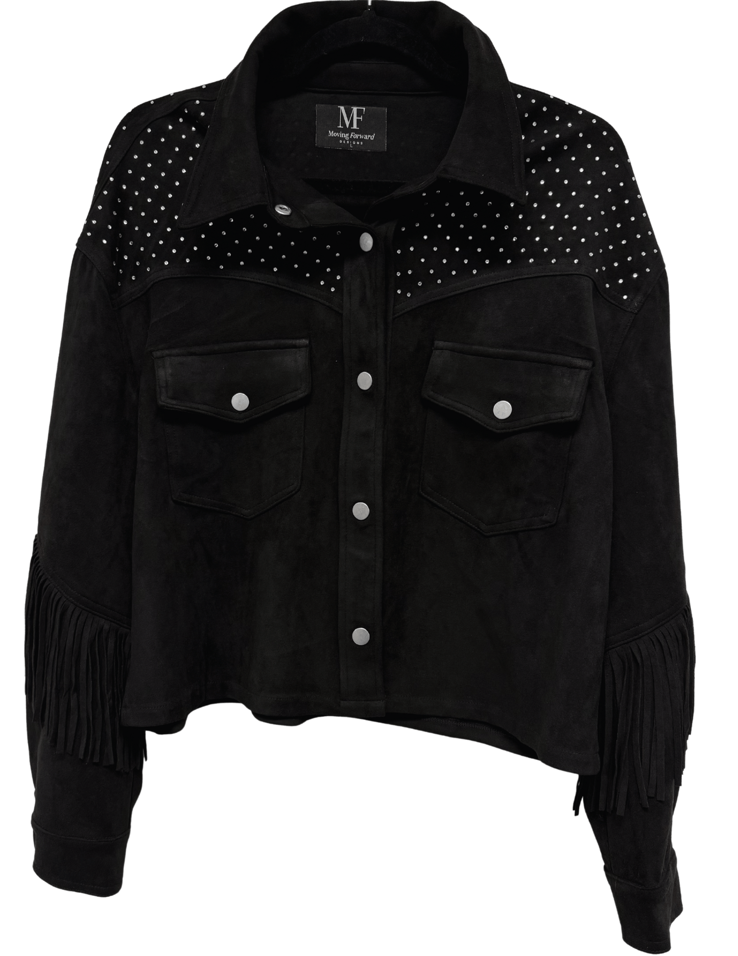 Jacket, Suede Fringe Black, Crystal Waterfall