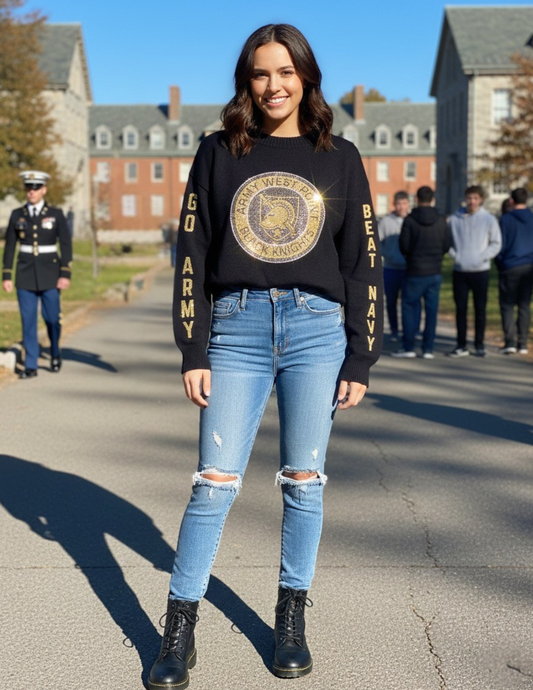 Army West Point Circle Athena Shield  Go Army Beat Navy Black Crewneck Sweater