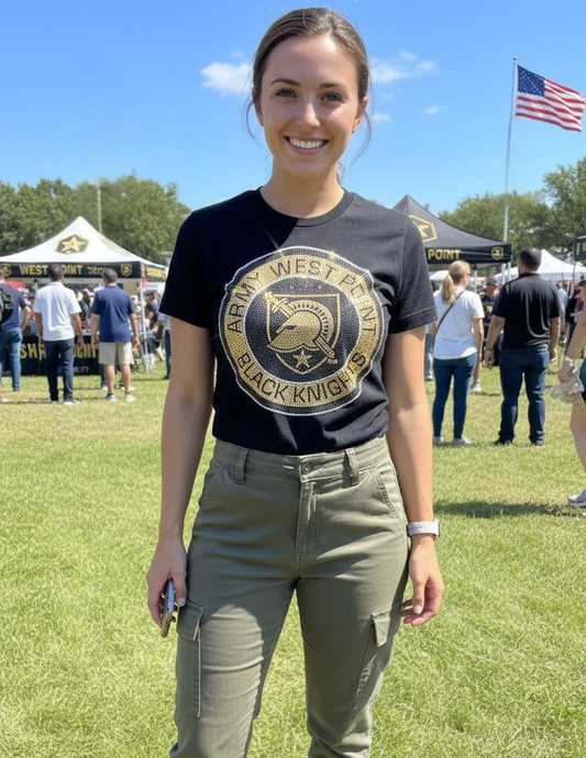 Game Day T-Shirt, Crewneck Black, Army West Point Circle Athena Shield