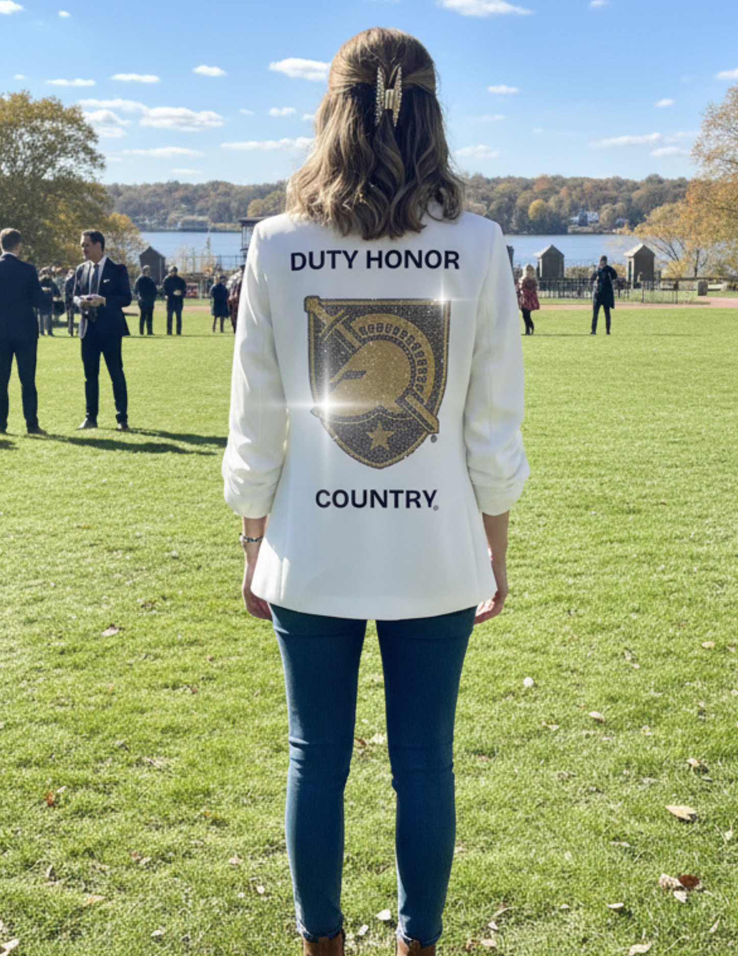 Game Day Blazer, White Ruched, Army West Point Duty Honor Country Athena Shield