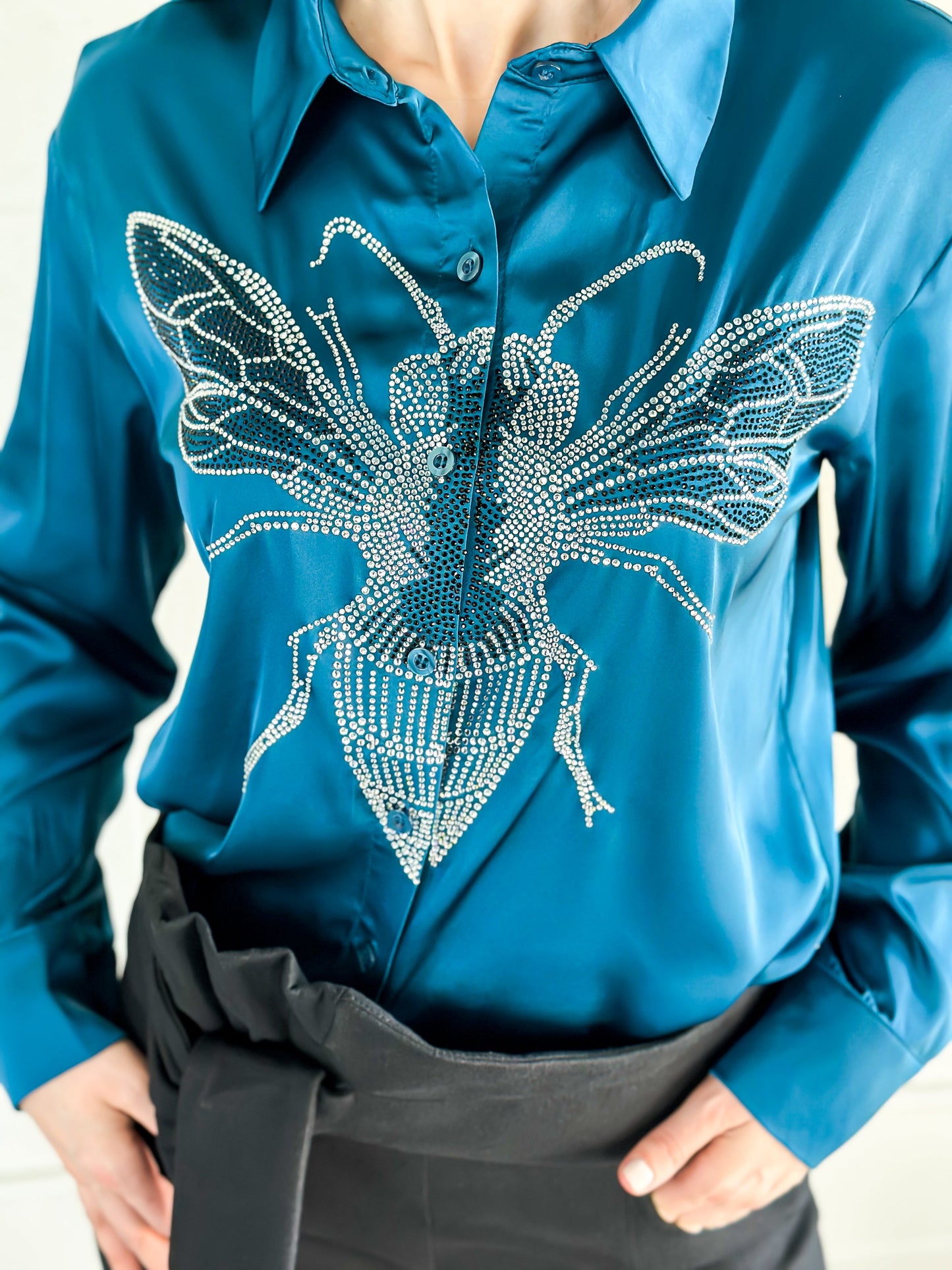 Shirt, Silky Teal, Silver Queen Bee on front