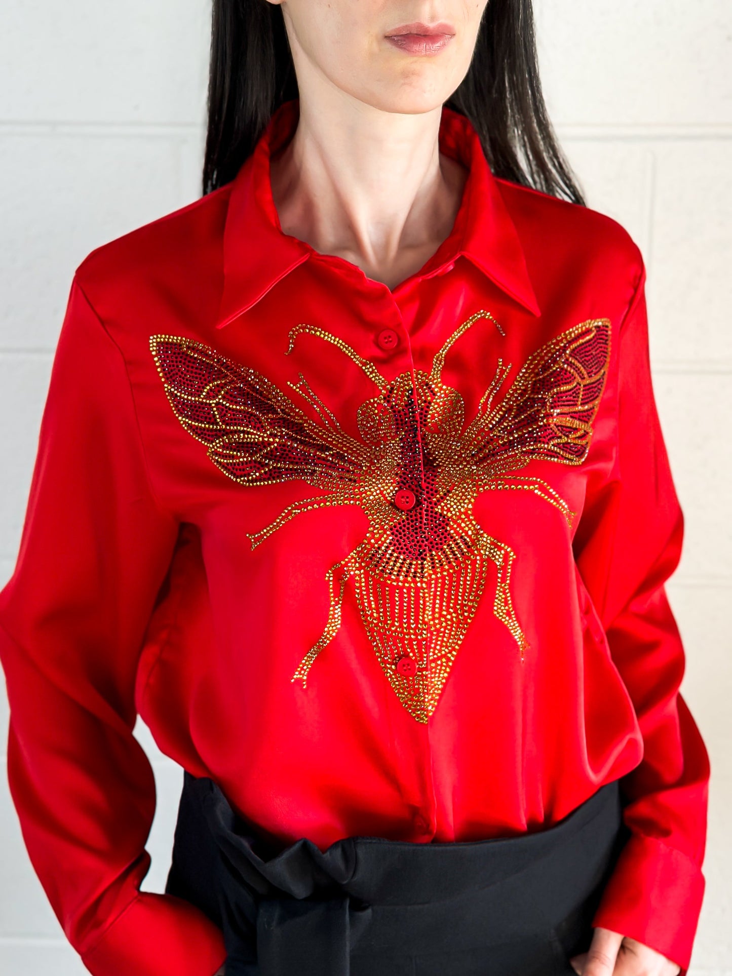 Shirt, Silky Red, Gold Queen Bee on front