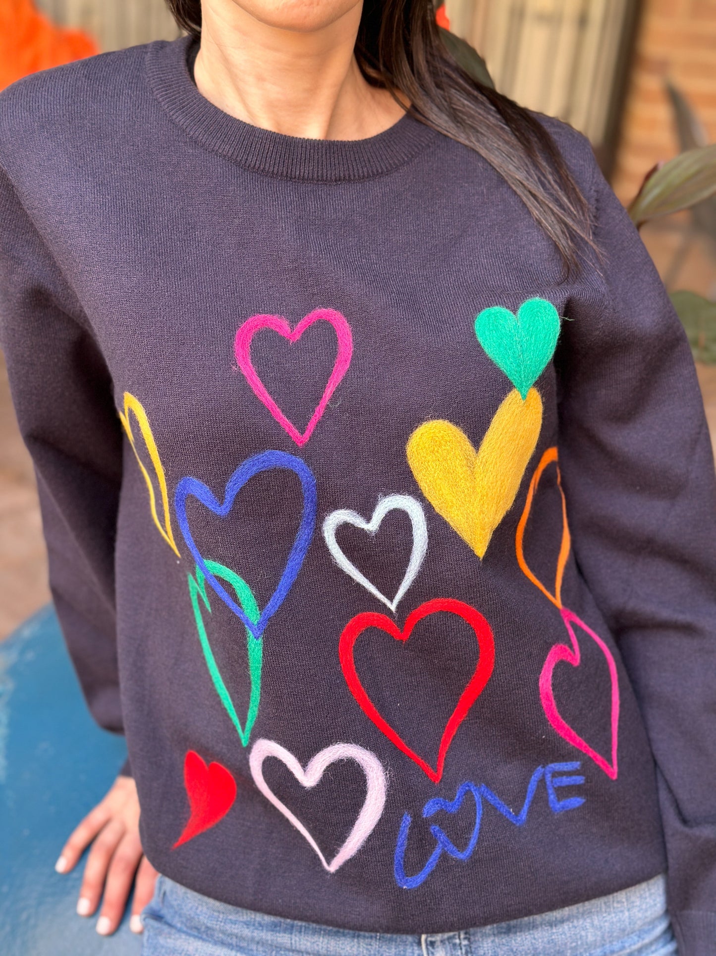 Navy & Multi Colored Embroidered Hearts Sweater