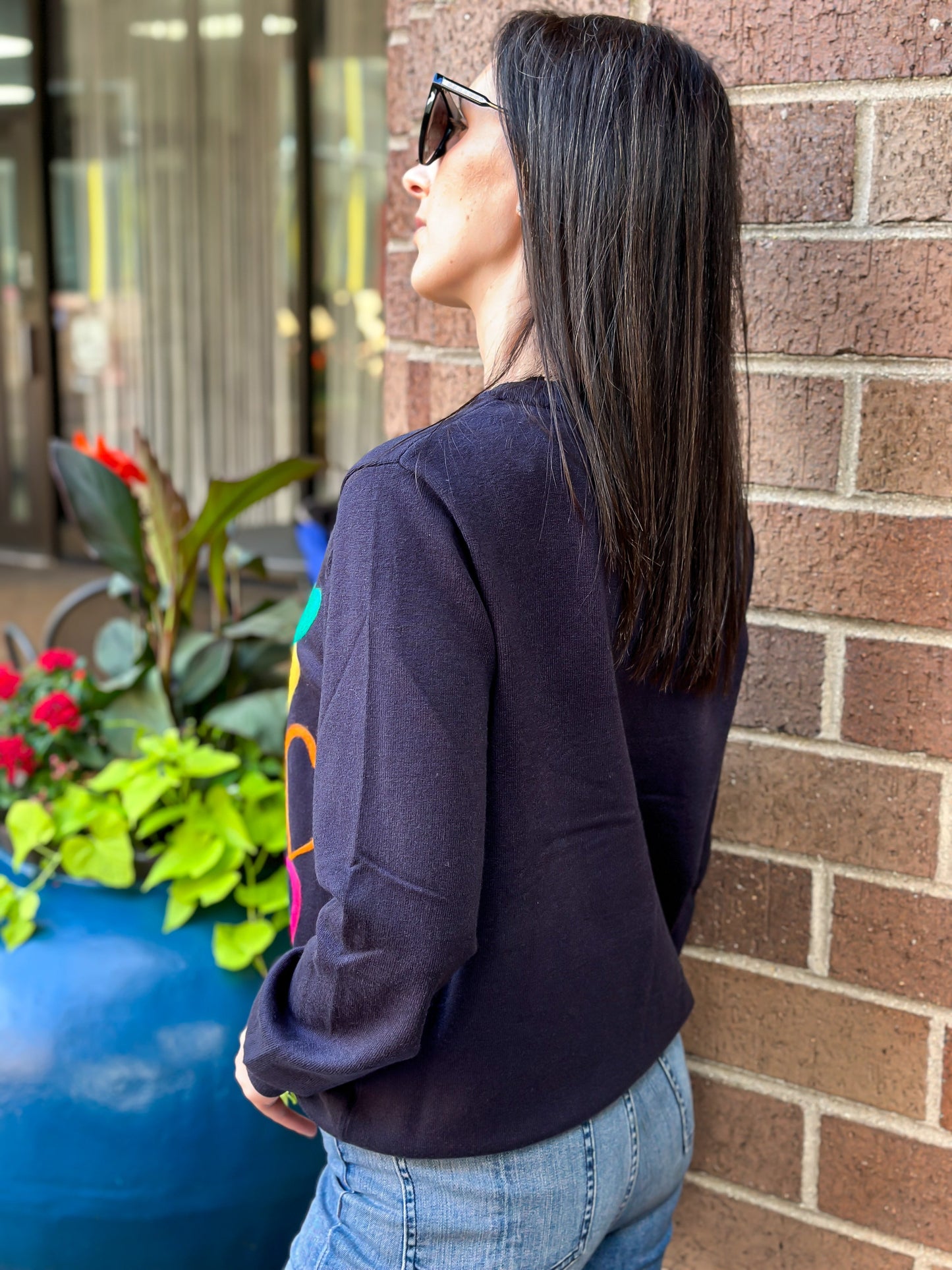 Sweater, Embroidered Hearts, Navy & Multi