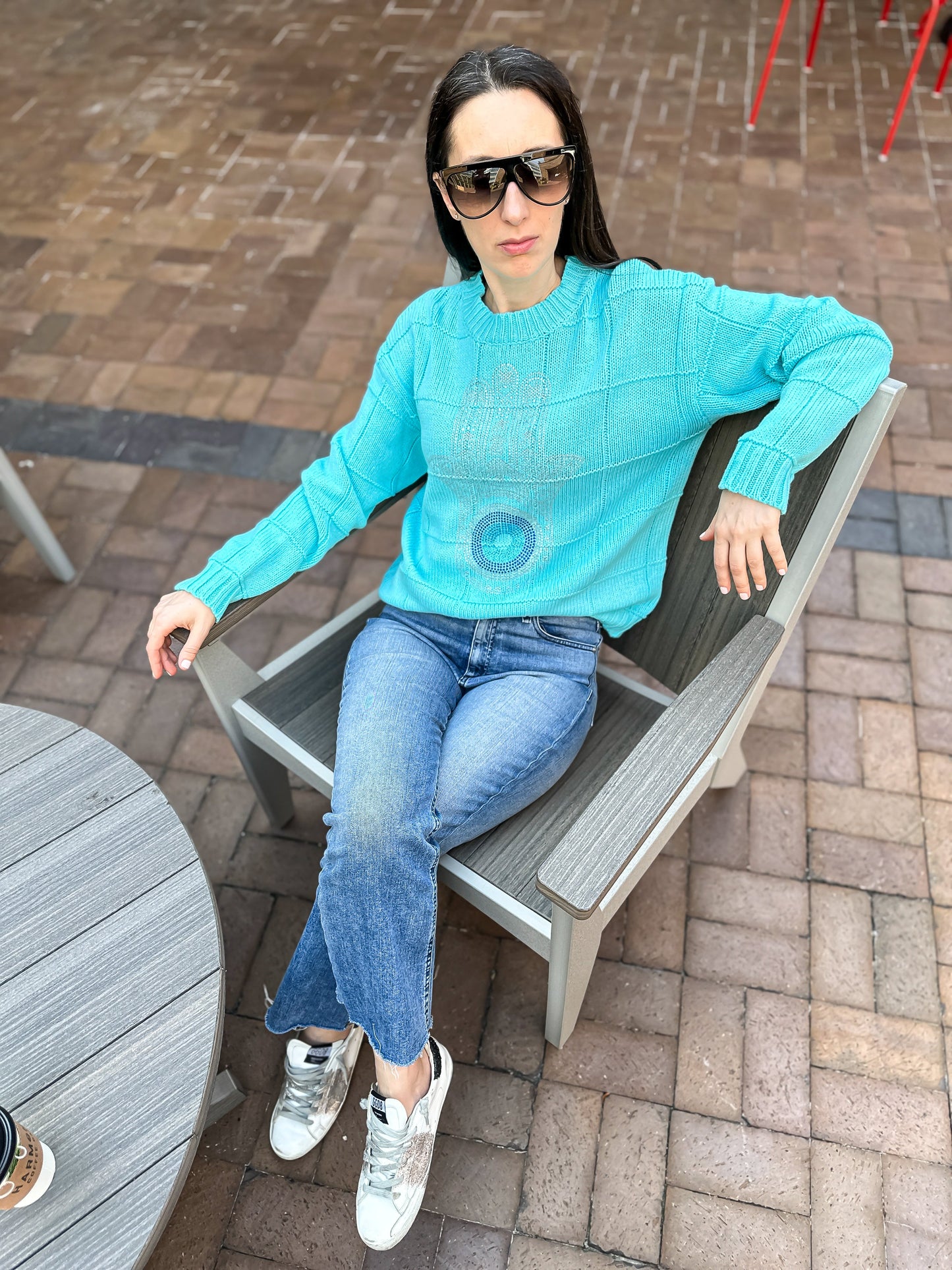 Sweater, Diamond Stitch Turquoise, Blue Hamsa