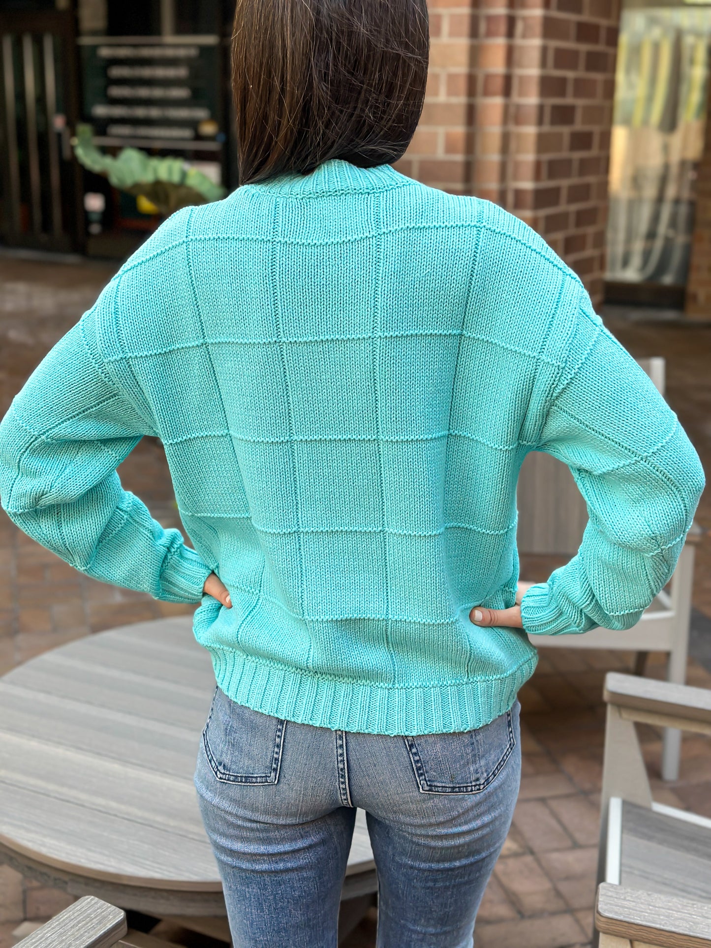 Sweater, Diamond Stitch Turquoise, Blue Hamsa