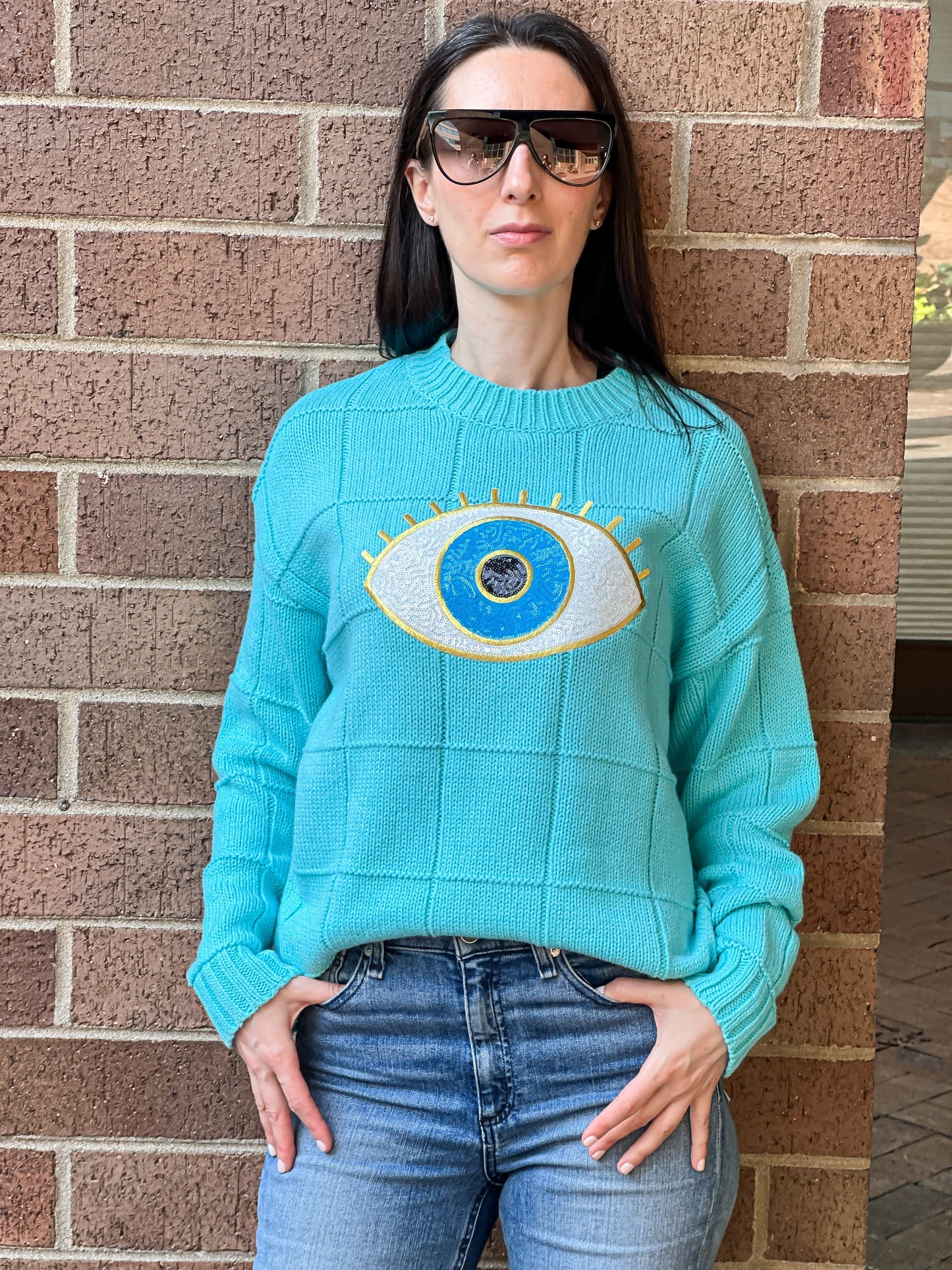 Sweater, Diamond Stitch Turquoise, Sequin Eye