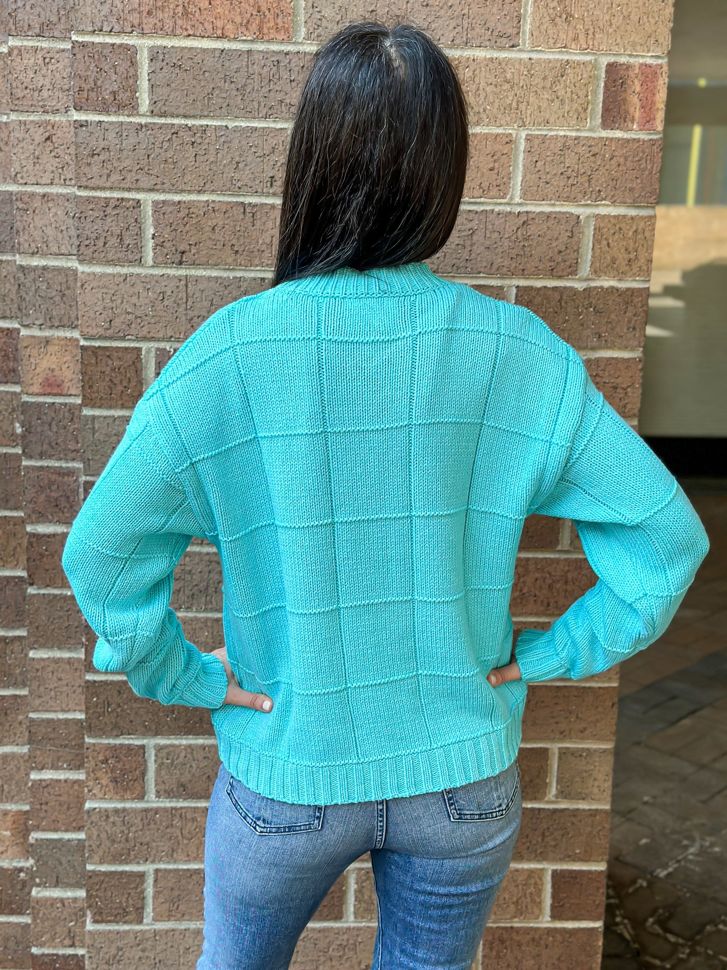 Sweater, Diamond Stitch Turquoise, Sequin Eye