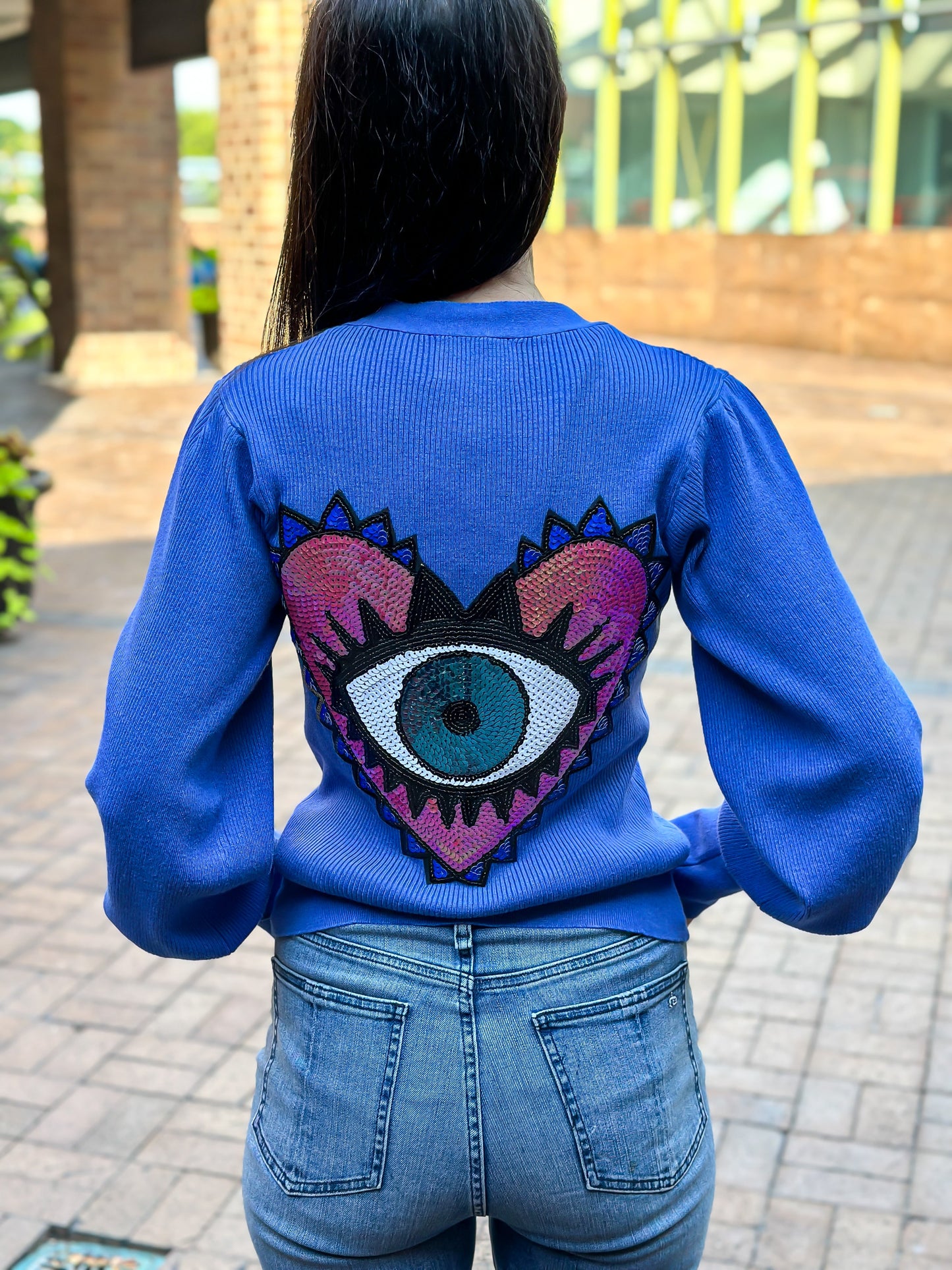 Cardigan Puff Blue Sequin Pink/Blue Heart Eye Sweater