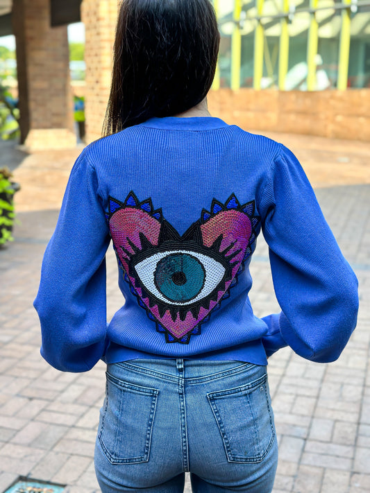 Cardigan Puff Blue Sequin Pink/Blue Heart Eye Sweater