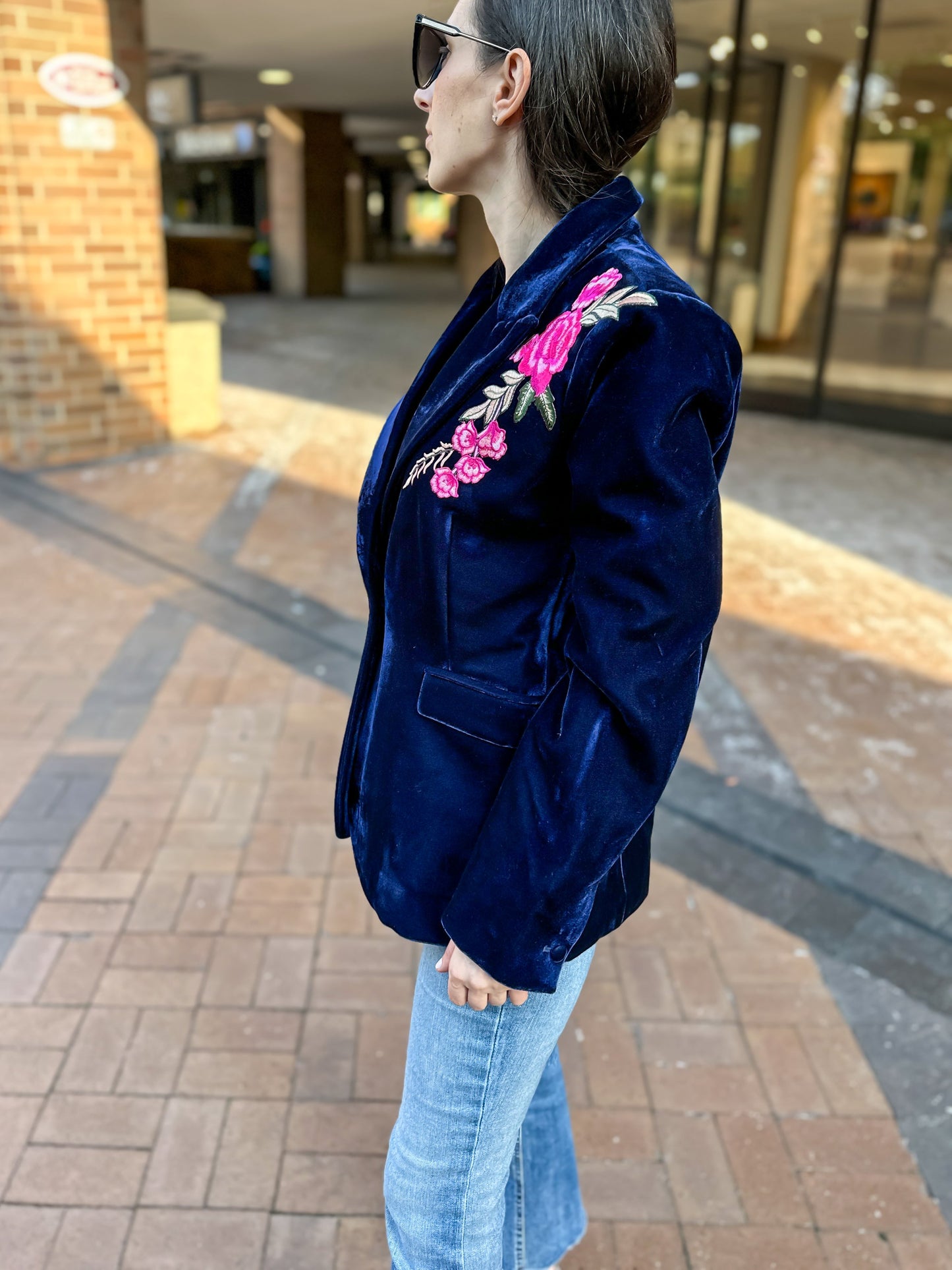 Blazer, Velvet Midnight Blue, Pink Flowers