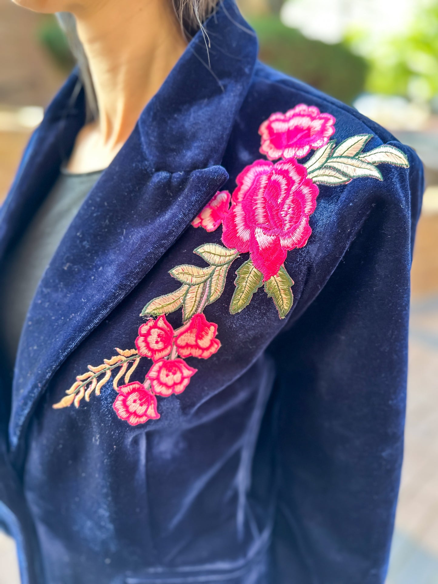 Blazer, Velvet Midnight Blue, Pink Flowers