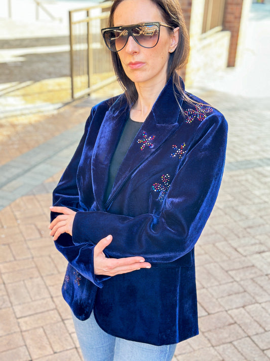 Blazer, Velvet Midnight Blue, Floral Cluster