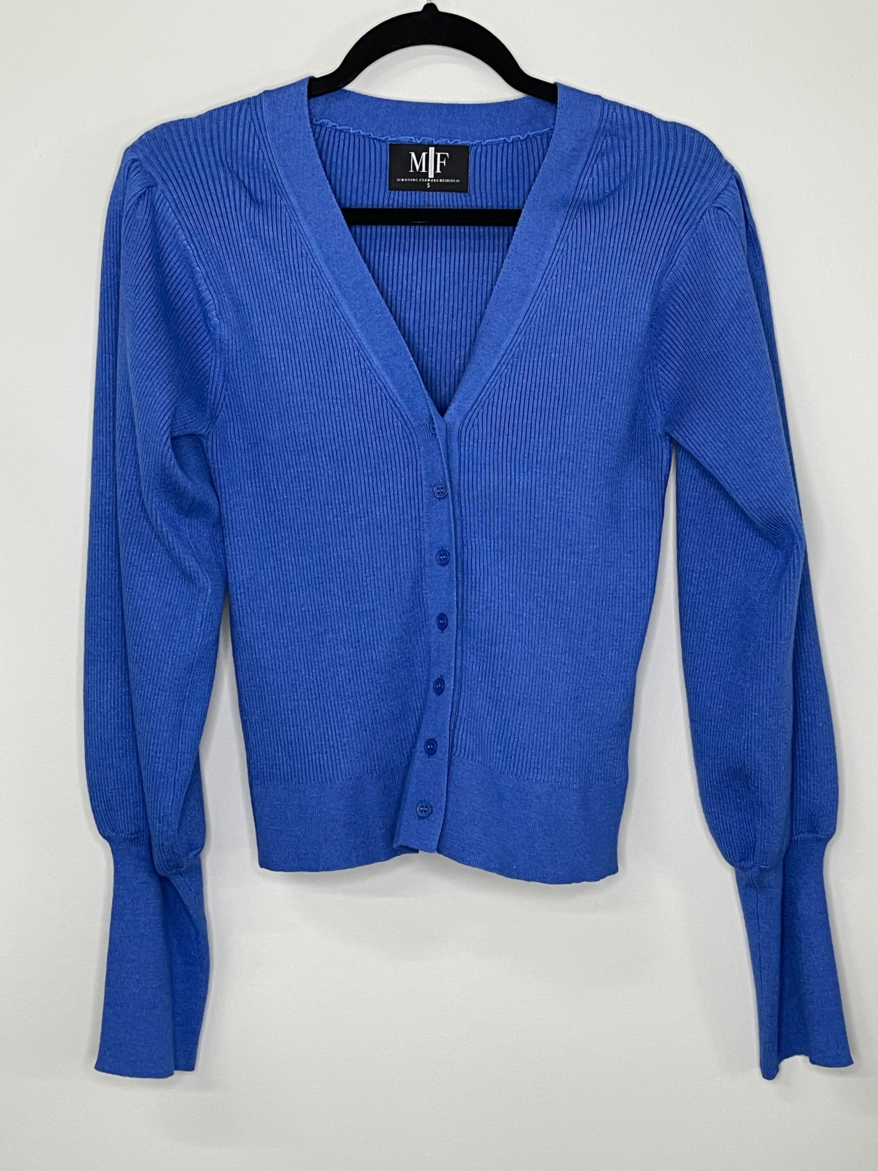 Silver Tiger Face Blue Puff Sleeve Cardigan Sweater