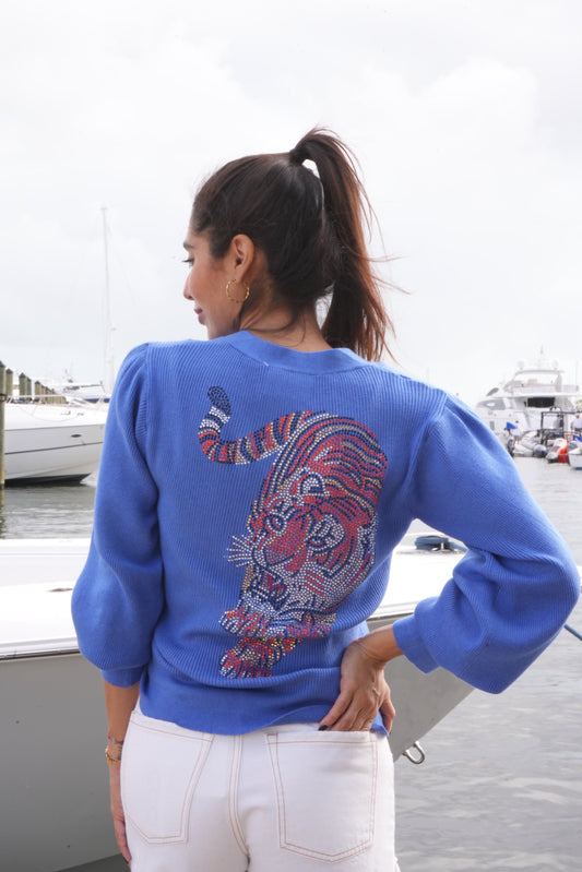 Walking Tiger Blue Puff Cardigan Sweater