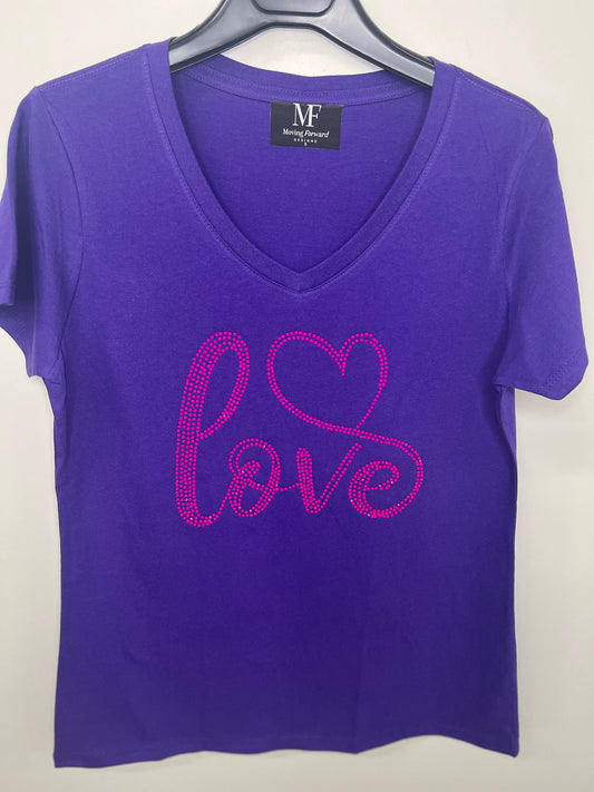 T-Shirt, Purple V-Neck, Pink Crystal Love