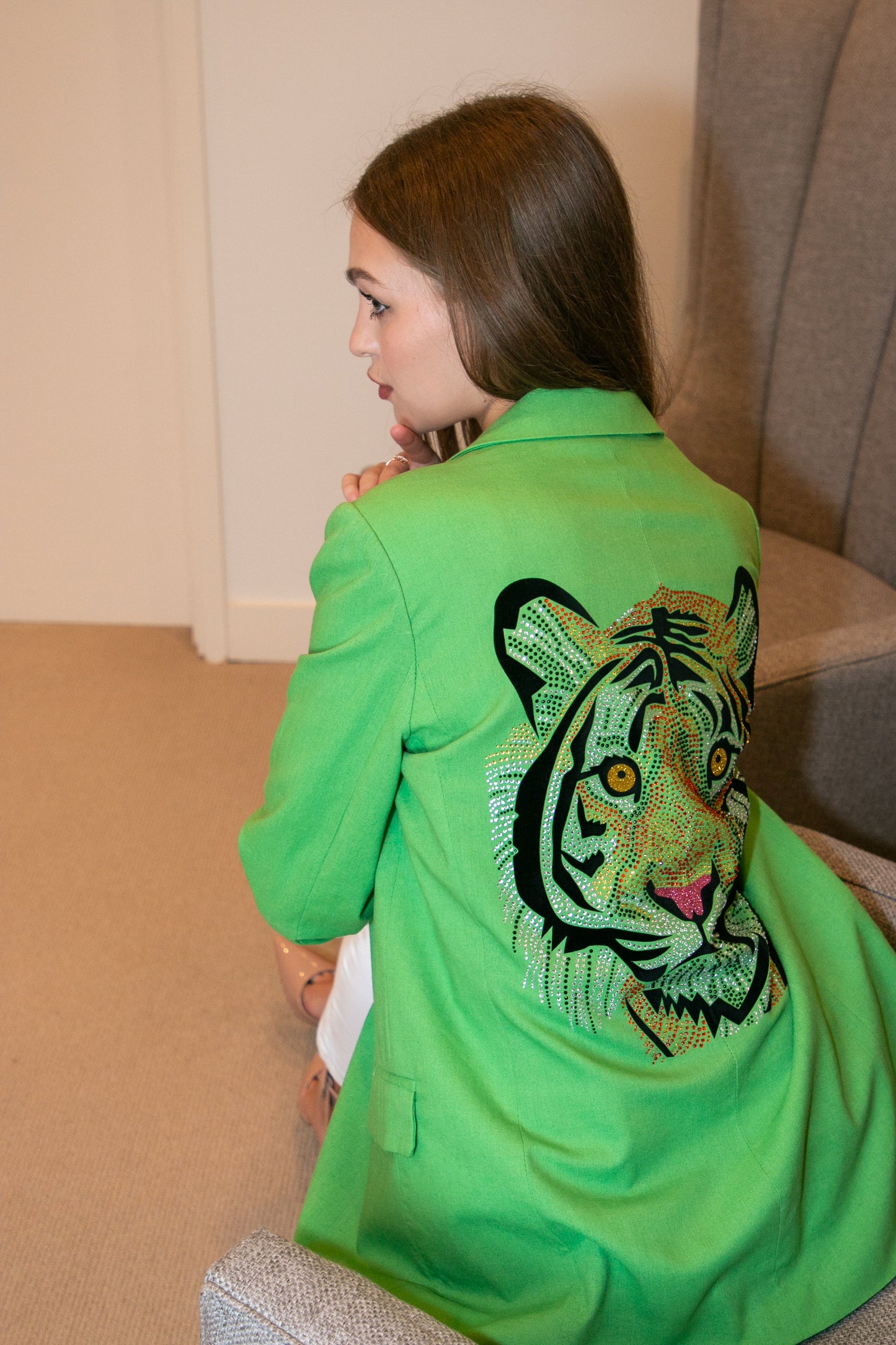 Blazer, Linen Green, Tiger Face