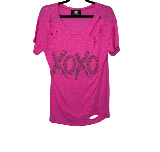 T-Shirt, Short Sleeve, Distressed, Hot Pink XOXO