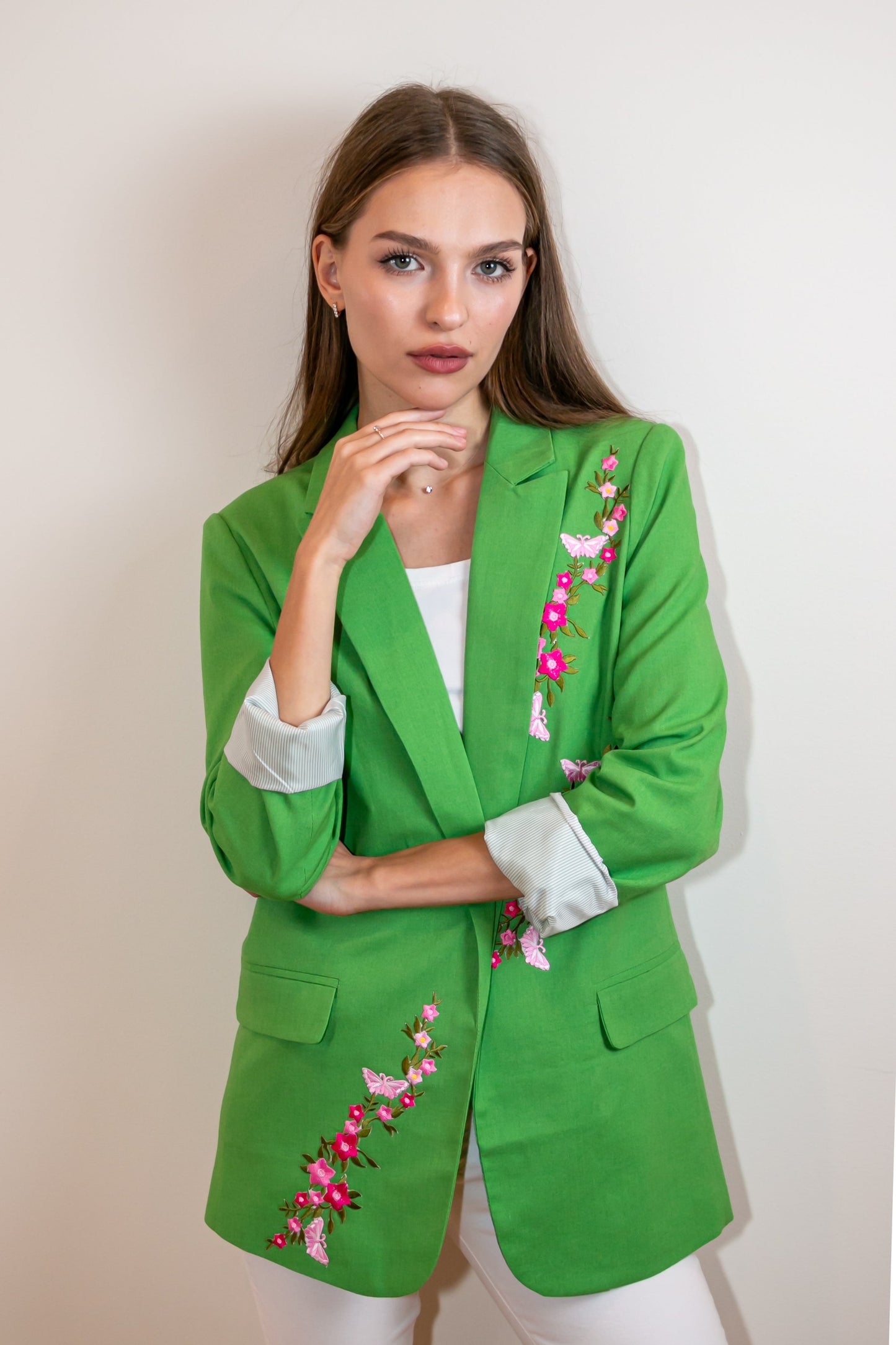 Blazer, Linen Green, Pink Flowers