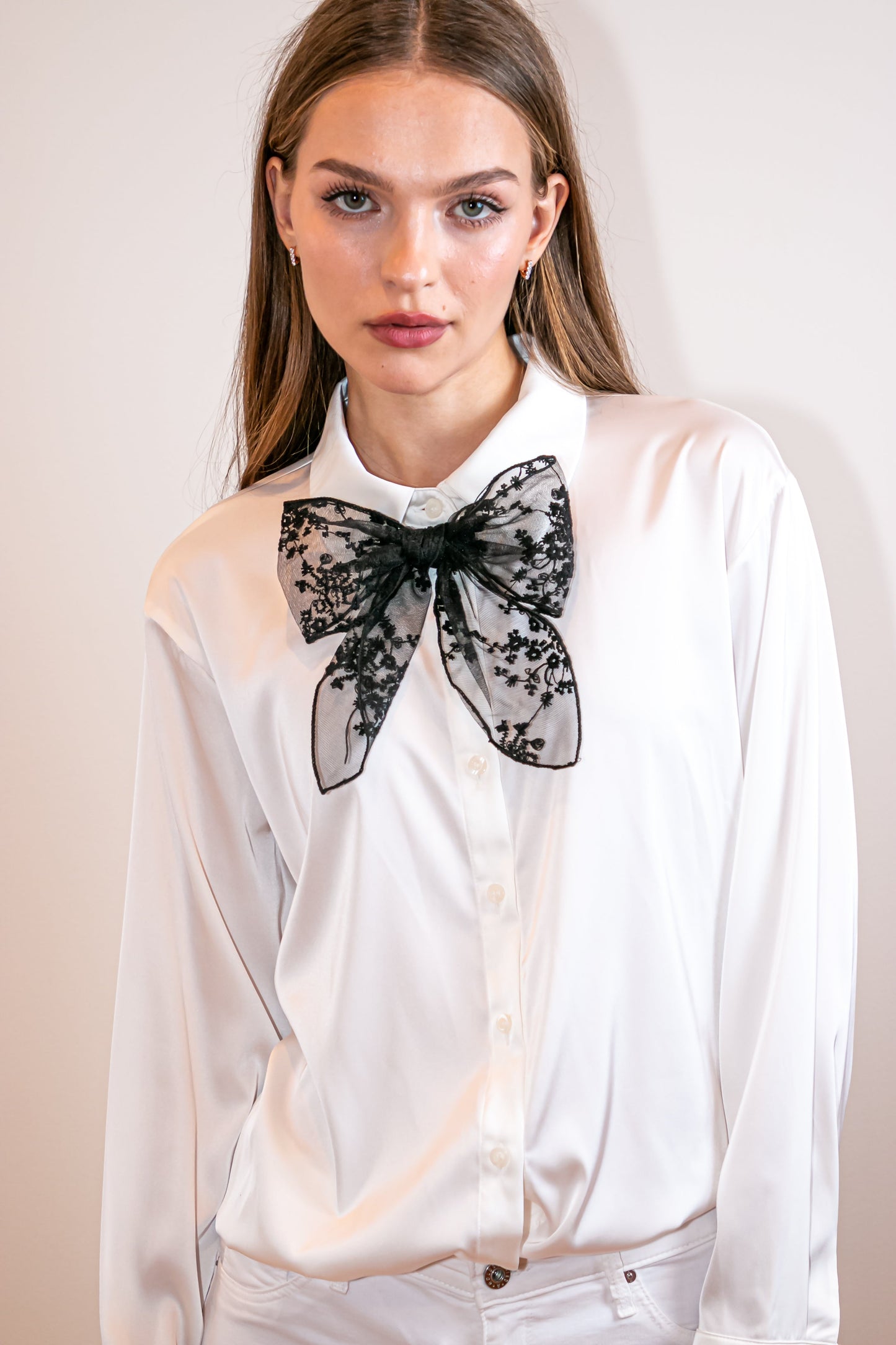 Shirt, Silky Ivory, Black Lace Bow